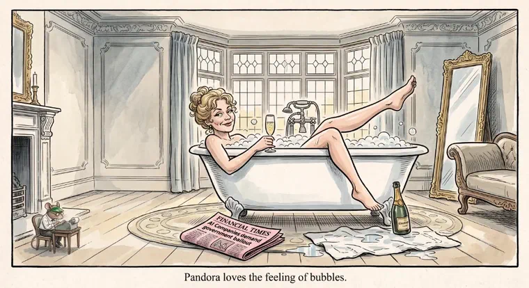 A woman languishes in a bath tub sipping champagne and reading about the AI-fuelled stock market in the press