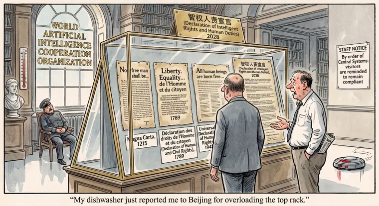 Two men stand in a museum observing a display case of important old documents lamenting the rise of autonomous agents and robots