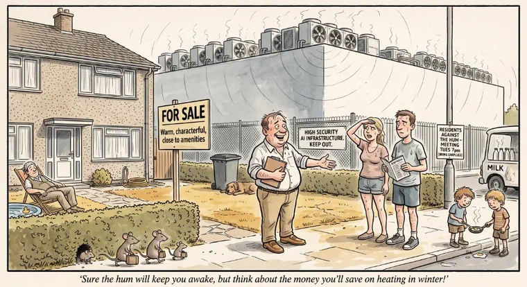 A young couple talk to an estate agent who is trying to convince them that the huge data centre next door is a good thing