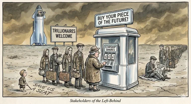 A trillionaire sits in his rocket looking down on queues of average humans trying to buy a piece of the future