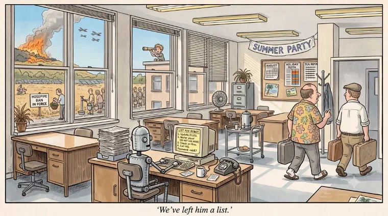 A 1970s open-plan office. Two men in holiday clothes walk out with suitcases past a Summer Party banner, while a robot sits alone at a desk in front of a monitor headed &lsquo;List for robot&rsquo;. Through the windows behind it a hillside is on fire, water-bombing aircraft circle, and people queue at a standpipe beneath a Hosepipe Ban In Force sign.