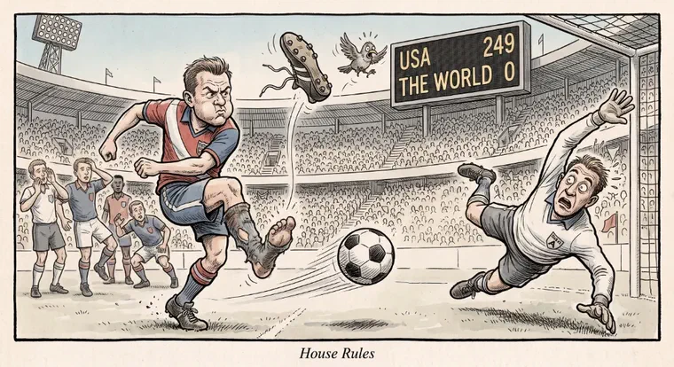 A football soccer player scores a goal in the 2026 World Cup as his boot flies into the air